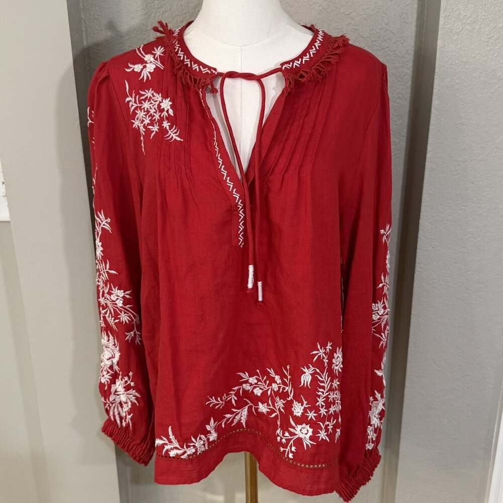 SUNDANCE Linen Blouse Embroidered Floral Peasant Boho Medium Festival Red